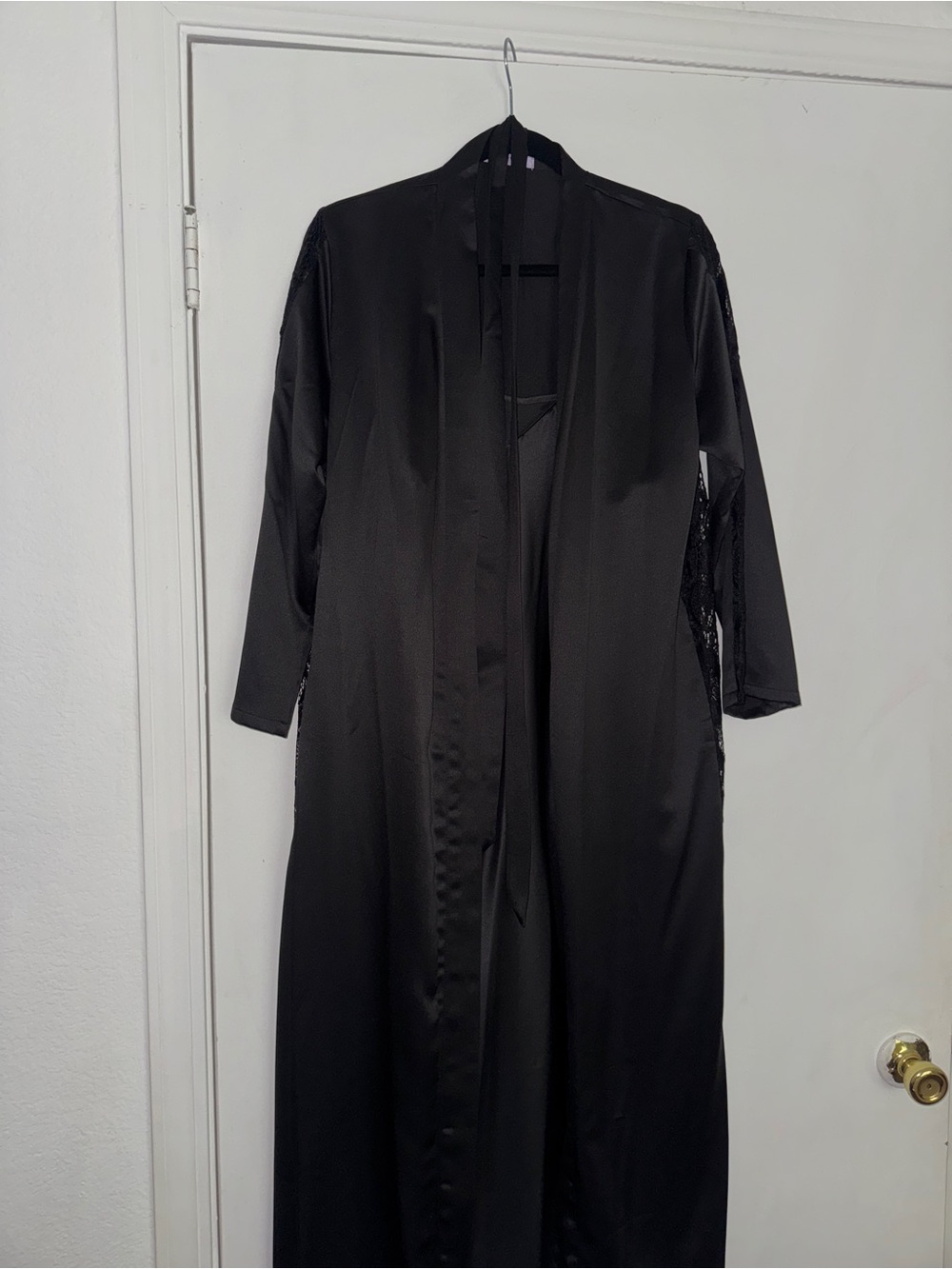 Black Satin Long Robe with Lace Trim - Women's Intimates